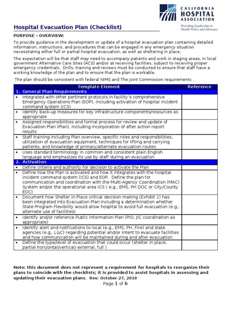 Hospital Evacuation Plan Checklist 102710 | Incident Command System ...