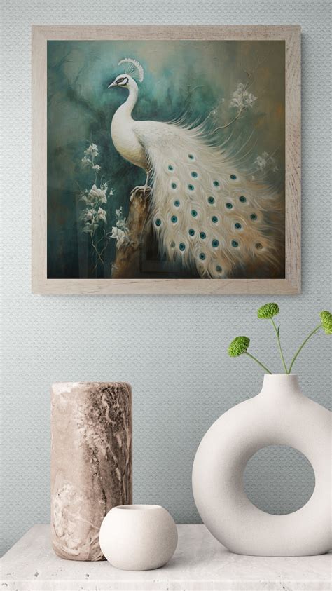 Vintage Style White Peacock Art Print, Oil Painting Style, Home Decor ...