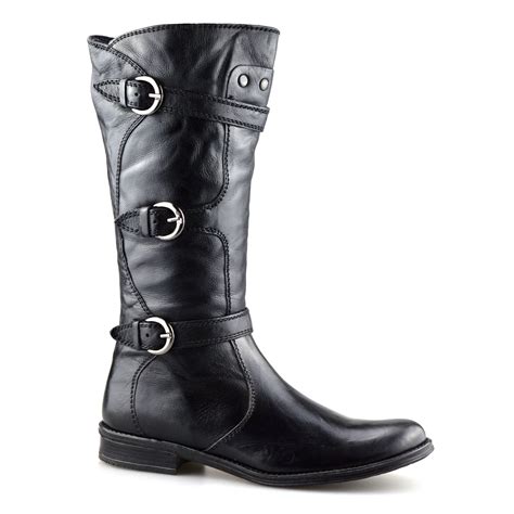 Ladies Womens Leather Mid Calf Low Flat Heel Zip Up Biker Riding Boots Shoe Size | eBay