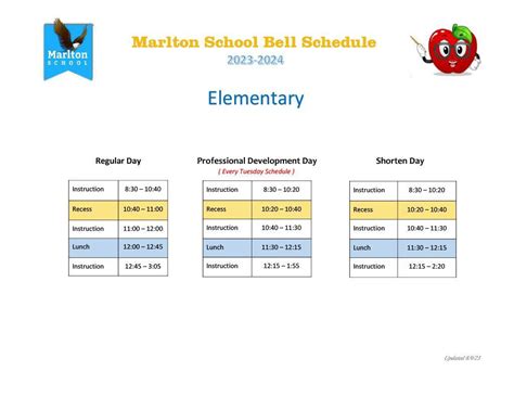 Elementary Bell Schedule – Academics and Bell Schedule – Marlton School