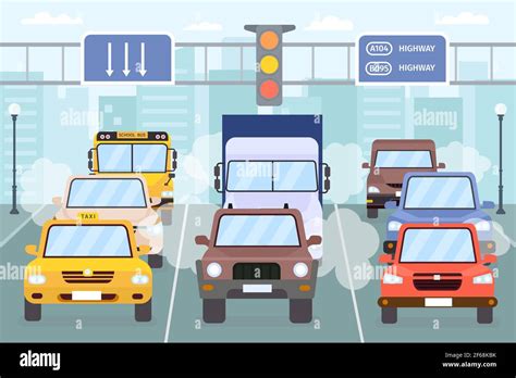 Traffic jam. Cars on city road with smoke, smog and exhaust gas. Vehicle, taxi, truck and bus on ...