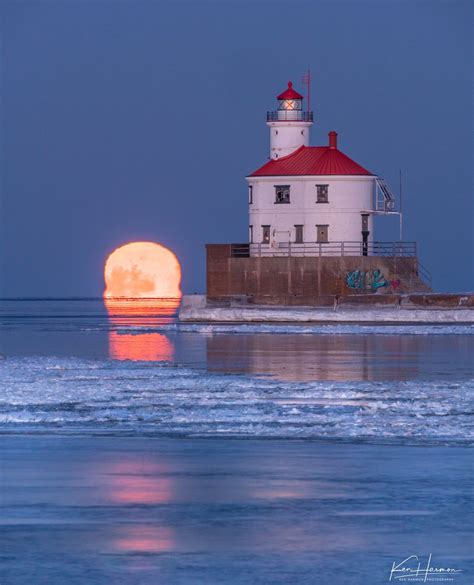 Full Moon Rise and Wisconsin Point Lighthouse, from Minnesota Point in Duluth, Lake Superior ...