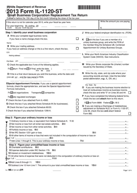 Fillable Form Il-1120-St - Small Business Corporation Replacement Tax Return - 2013 printable ...