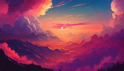 Fantasy Landscape of Mountains and Clouds at Sunset. Watercolor ...