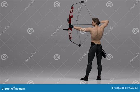 3D Render : a Shirtless Young Male Archer Pose Practicing Archery in the Studio Stock ...