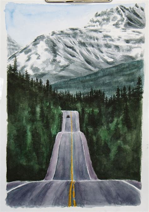 Watercolor mountains road forest | Mountains art painting, Painting art projects, Canvas art ...