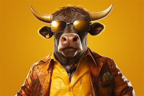 Premium AI Image | A poster of a bull with a yellow jacket and sungl