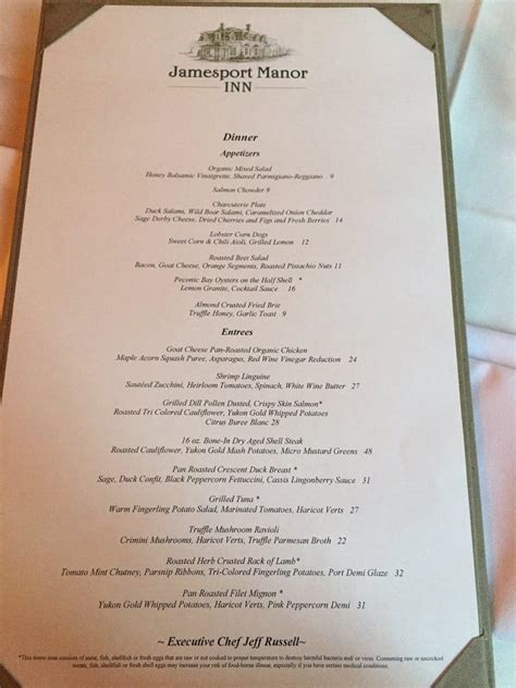 Menu at Jamesport Manor Inn restaurant, Jamesport, 370 Manor Ln