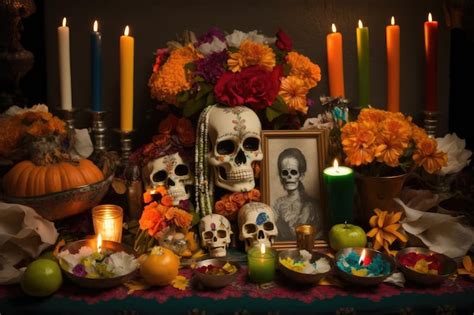 Premium AI Image | Day of the dead altar overflowing with colorful flowers candles and altars