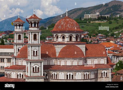 Albania, Korca, the Orthodox Cathedral, elevated view along the ...