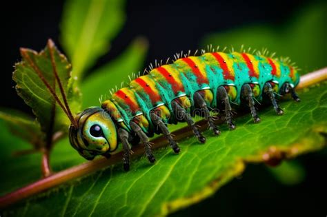 Caterpillar Munching on Vibrant Green Leaf, Showcasing Details of Its Tiny Mandibles and ...