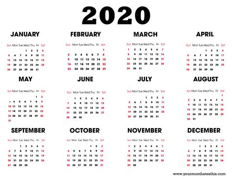 2020 Printable Calendar - Download Free Blank Templates