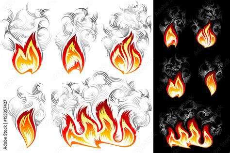 Fire icons with smoke; Vector set of spurts of flame in hand drawing tribal style for t-shirt ...