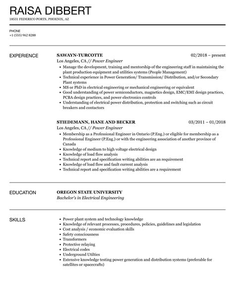 Power Engineer Resume Samples | Velvet Jobs