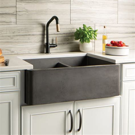 double bowl farmhouse sink slate dark grey concrete curved apron edges unique natural stone ...