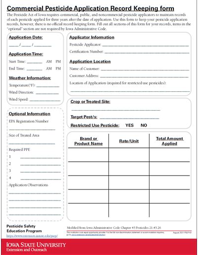 Commercial Pesticide Application Record Keeping form