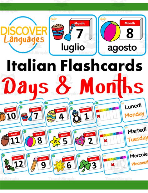 Beginner Italian Flashcards - Days & Months by Teach Simple