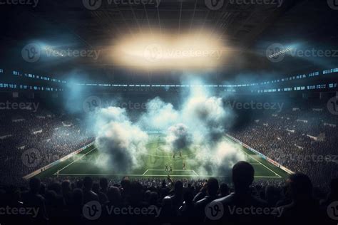 Football stadium with lit lights, flares and smoke bombs. Generative AI 25478370 Stock Photo at ...