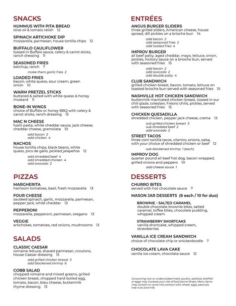 Pittsburgh Improv Food and Drink Menus