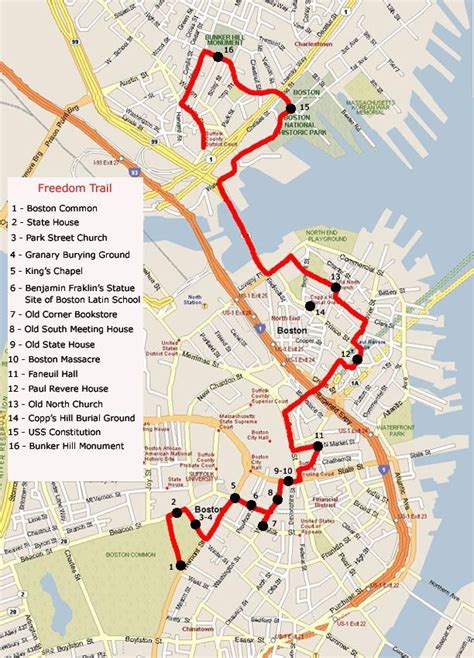 Mapa del Freedom Trail en Boston Freedom Trail Map, Freedom Trail Boston, Boston In The Fall, In ...