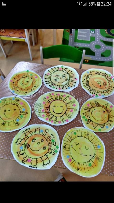 a table topped with paper plates covered in drawings