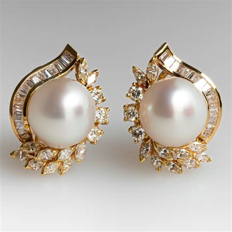 Fine Estate Jewelry Pearl Earrings w/ Diamond Spray 18K Gold