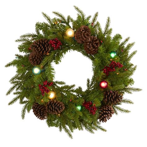 24in. Christmas Artificial Wreath with 50 Multicolored Lights, 7 Multicolored Globe Bulbs ...