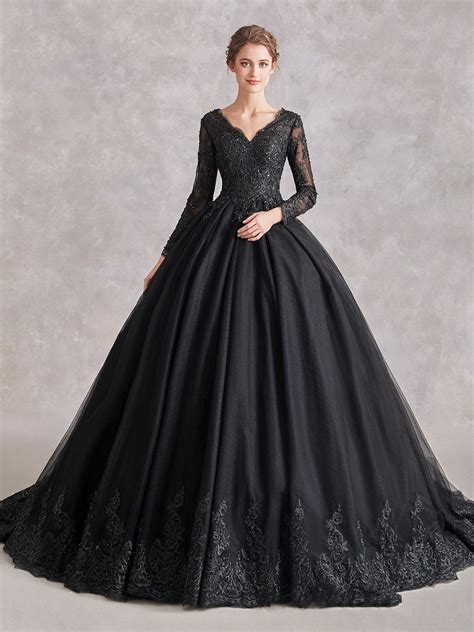 The Luxe Black Wedding Dress | Black lace wedding dress, Black ball gown, Long sleeve wedding ...