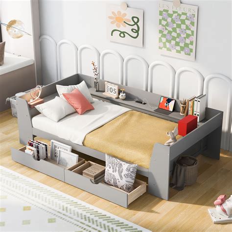 Twin Size Wood Daybed with Built-In Storage Shelves, Under-Bed Drawers ...