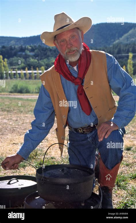 Cowboy cook and his cast-iron pots, at the Lincoln County Cowboy Symposium, in Ruidoso Downs ...