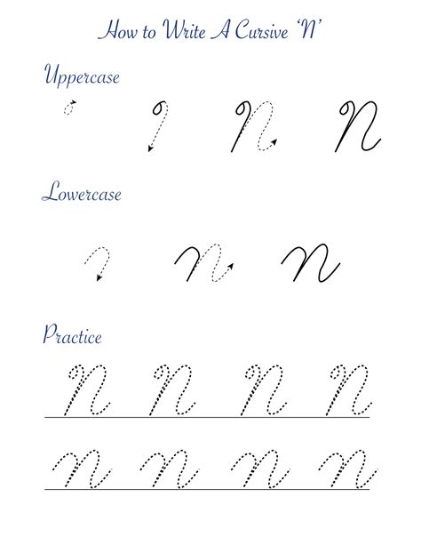 Cursive 'N' worksheets to practice capital, upper and lowercase letter ...