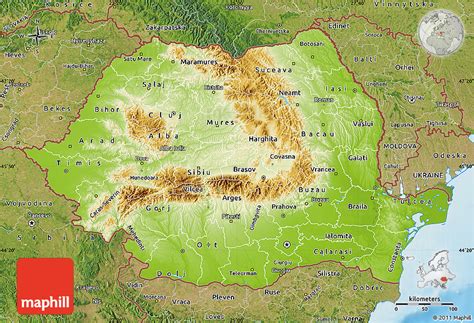 Physical Map of Romania, satellite outside, shaded relief sea