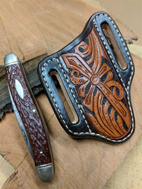 Hand Tooled Leather Knife Sheath with Western Cross Design for Pocket Knife