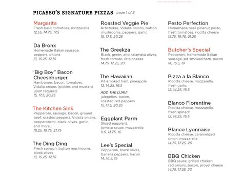 Online Menu of Picasso's Restaurant, Jacksonville, Florida, 32257 - Zmenu