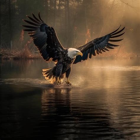 Premium AI Image | A bald eagle is landing on the water with its wings spread.