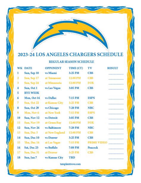 Printable 2023-2024 Los Angeles Chargers Schedule