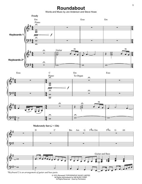 Yes 'Roundabout' Sheet Music and Printable PDF Music Notes | Sheet music notes, Sheet music ...