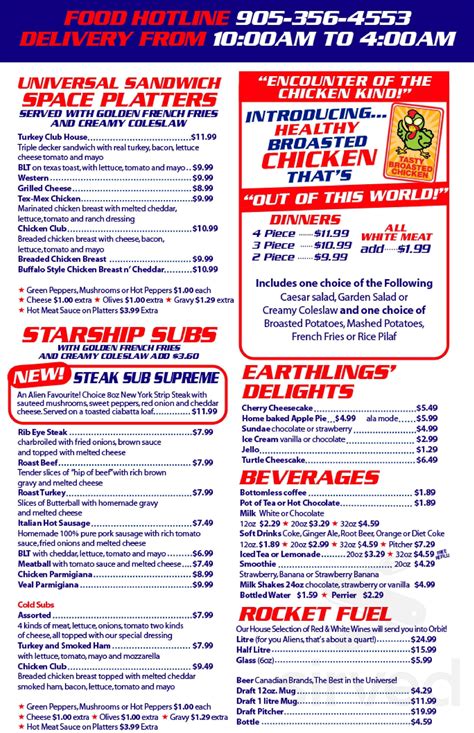 Flying Saucer Restaurant menu in Niagara Falls, Ontario, Canada