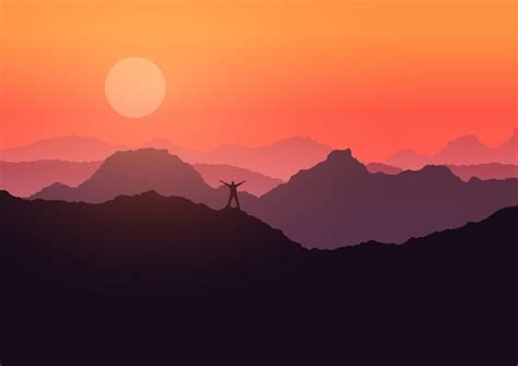 Free Vector | Man stood on mountain landscape at sunset