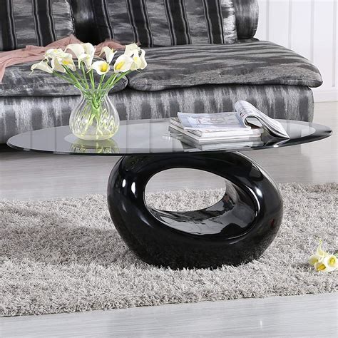 Mecor Black Oval Glass Coffee Table with Round Hollow Base-Modern End ...