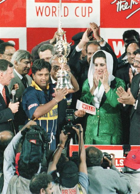 Sri Lanka captain Ranatunga celebrates with the trophy after winning the 1996 Cricket World Cup ...