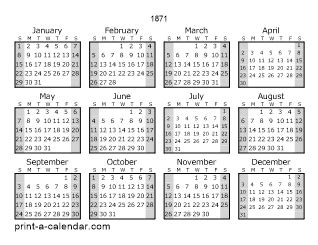 1871 one page yearly calendar with shaded weekends