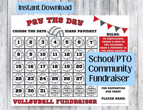 Pay the Day Volleyball Fundraiser Cash Calendar School PTO - Etsy in ...