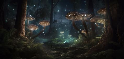 Premium AI Image | A dark forest with mushrooms and lights on the ground