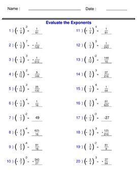 Exponents Worksheets - Solving Fractions with Exponents Worksheets