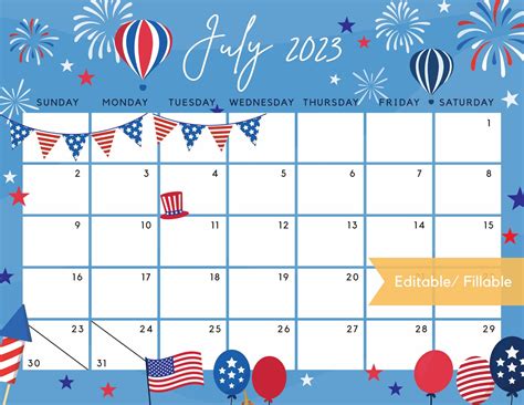 July 2023 Calendar Independence Day Patriotic 4th of July US - Etsy in 2022 | Planner calendar ...