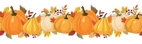 Colorful autumn color pumpkins, berries, and leaves horizontal seamless ...