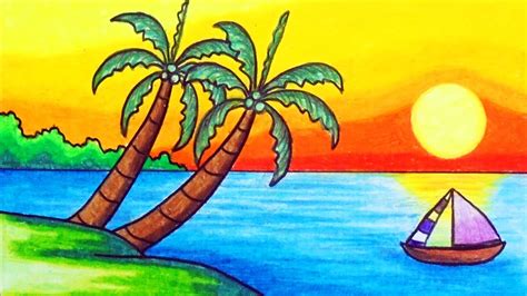 Easy Sunset Scenery Drawing | How to Draw Beautiful Scenery of Sunset with Oil Pastels