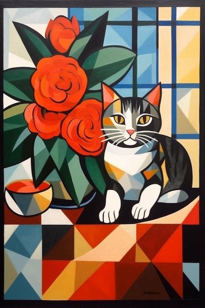 Premium AI Image | A painting of a cat and a vase of roses