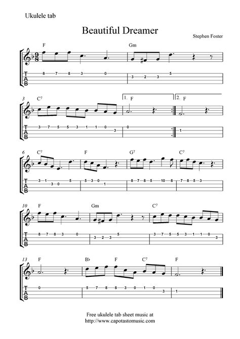 "Beautiful Dreamer" Ukulele Sheet Music - Free Printable | Ukulele, Ukulele songs, Sheet music